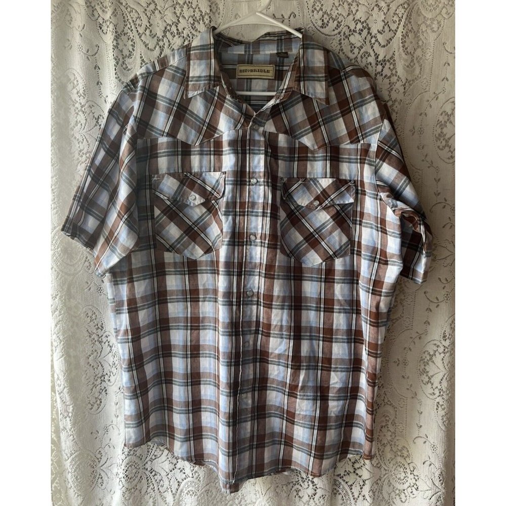 Bit & Bridle Shirt Men's Size Pearl Snap Western Plaid Short Sleeve Pockets